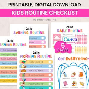 May include: A printable digital download featuring a kids' routine checklist. The checklist includes morning, afternoon, evening, and daily routines. The design is colorful and includes the text "US Letter Size, A4".