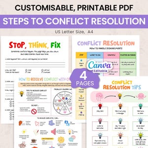 May include: A printable PDF with steps to conflict resolution. The document includes four pages with tips, examples, and exercises. The text includes "Stop, Think, Fix" and "How to Resolve Conflict". The document is US Letter size.