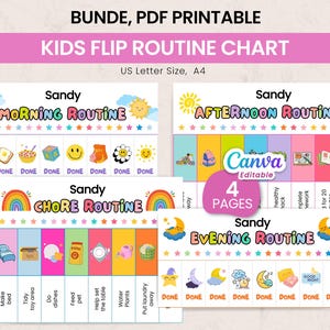 May include: A printable PDF kids flip routine chart set featuring four pages for morning, afternoon, chore, and evening tasks. The charts include colorful icons, the name Sandy, and text labels like Morning Routine, Afternoon Routine, Chore Routine, and Evening Routine. The design includes a Canva editable badge and indicates US Letter and A4 size compatibility.