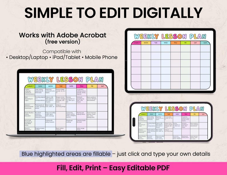 Editable Weekly Lesson Planner Template: Teacher Planner, Classroom ...