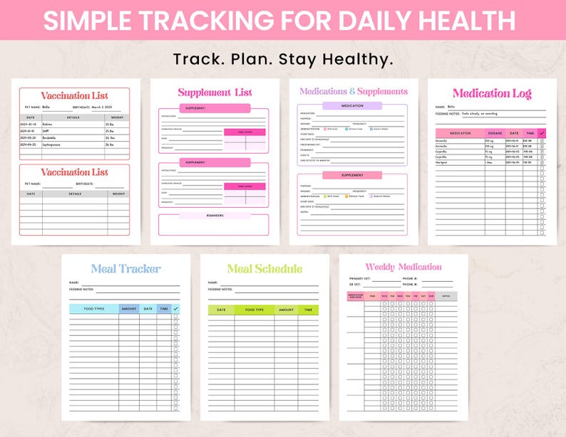 May include: A collection of printable health tracking sheets with pink and green accents. The sheets include sections for vaccination lists, supplement lists, medication logs, meal trackers, and weekly medication schedules. Text at the top reads "SIMPLE TRACKING FOR DAILY HEALTH" and "Track. Plan. Stay Healthy."