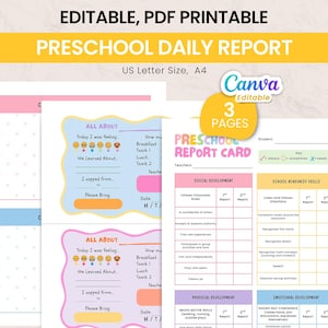 May include: Printable preschool daily report with a colorful design. The report includes sections for student information, social development, school readiness skills, and emotional development. The report is available in US Letter size and A4.