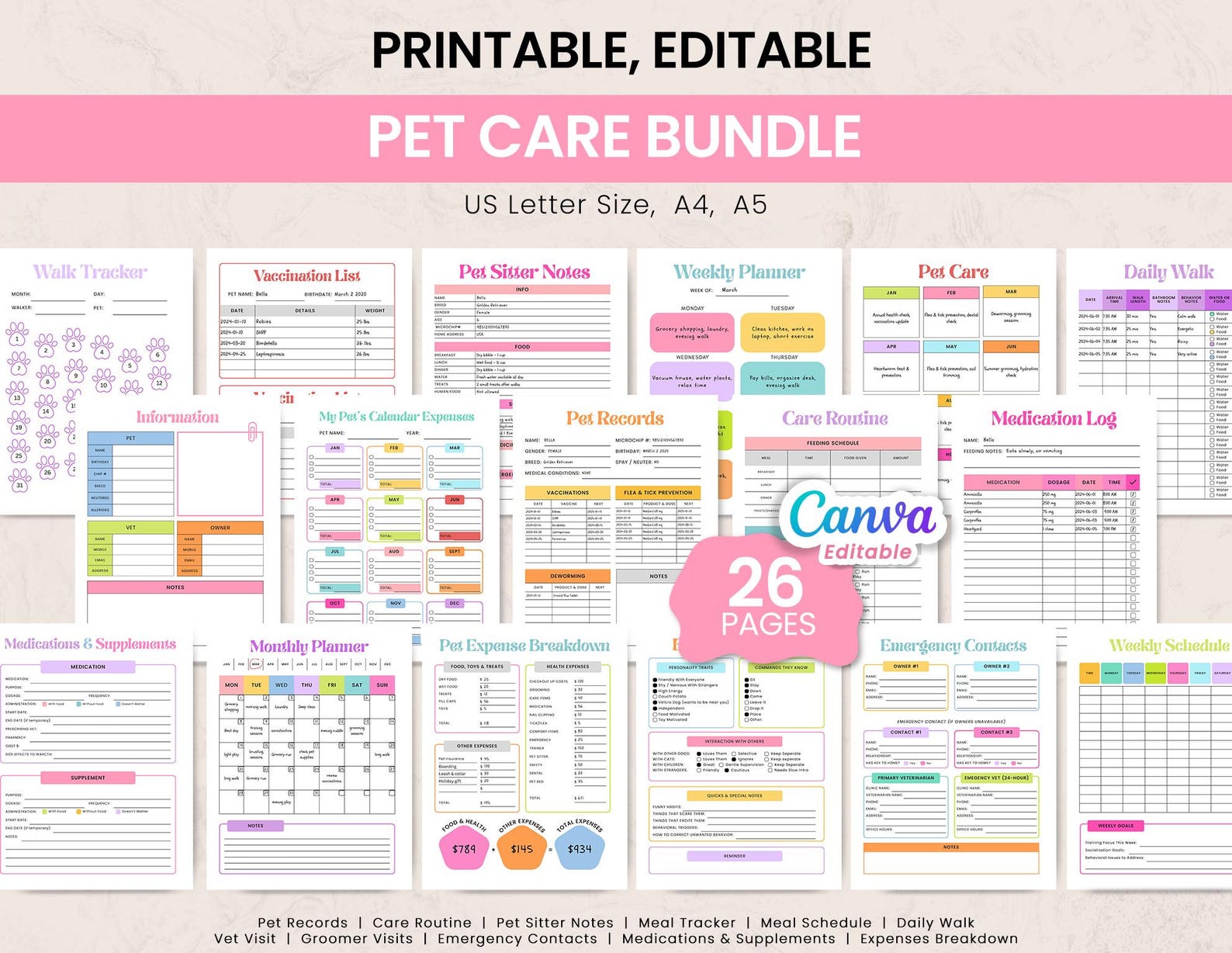 Pet Care Planner Printable Bundle | Pet Records | Vet Visit Log, Meal ...