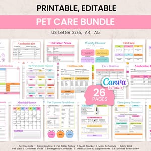 Utskrivbart paket med husdjursvårdsplanerare | Husdjursjournaler | Veterinärbesökslogg, måltids- och medicinspårare, veckovis och månadsvis husdjursplanerare PDF Canva
