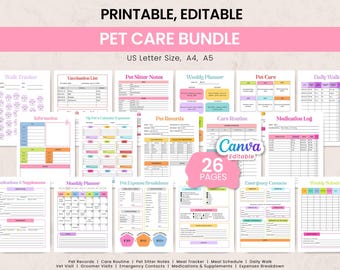 Pet Care Planner Printable Bundle | Pet Records | Vet Visit Log, Meal and Medication Tracker, Weekly & Monthly Pet Planner PDF Canva