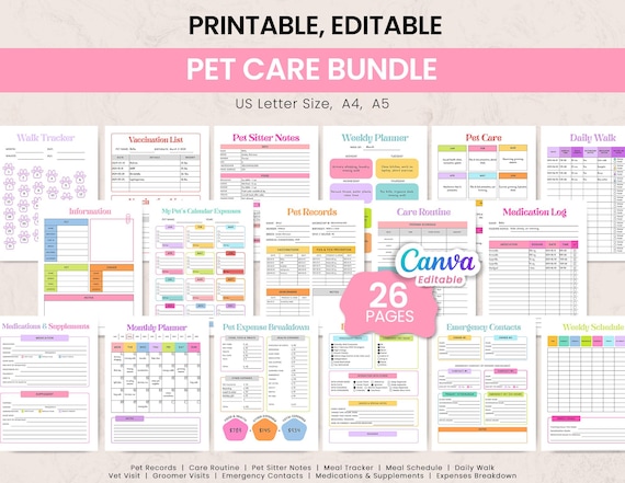 Pet Care Planner Printable Bundle | Pet Records | Vet Visit Log, Meal and Medication Tracker, Weekly & Monthly Pet Planner PDF Canva