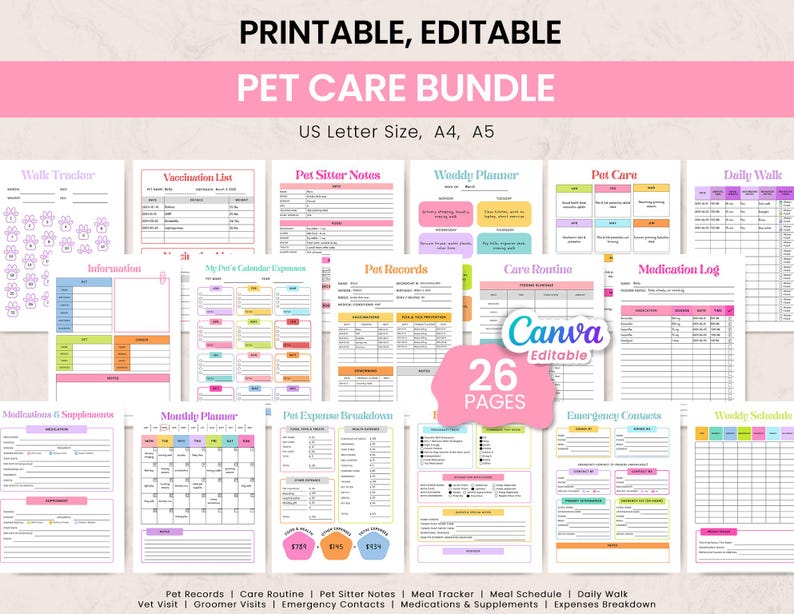 May include: A printable and editable pet care bundle with 26 pages. The bundle includes forms for tracking vaccinations, pet sitter notes, weekly planning, and medication logs. The documents are designed for US Letter, A4, and A5 sizes.