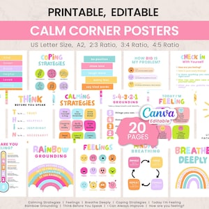 Könnte beinhalten: Eine Sammlung druckbarer, bearbeitbarer "Calm Corner Poster" mit verschiedenen Bewältigungsstrategien, Gefühlstabellen und Achtsamkeitsübungen. Die Poster zeigen farbenfrohe Designs, darunter Regenbogen, Sonnen und Texte wie "Breathe Deeply" und "Today I'm Feeling".