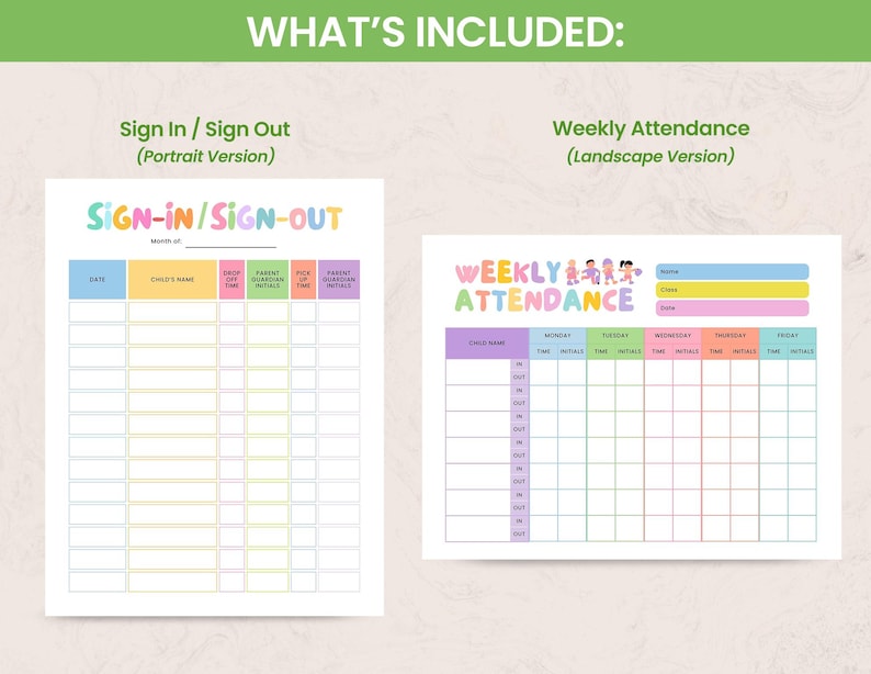 Sign in Sign Out Sheet, Weekly Attendance Sheet for Preschool ...