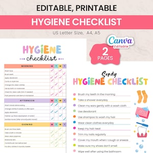 May include: Printable hygiene checklist with a colorful design. The checklist includes sections for morning, afternoon, and evening routines. The text "HYGIENE CHECKLIST" is displayed prominently. The checklist is available in US Letter, A4, and A5 sizes.