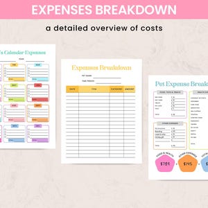 May include: Three printable pet expense trackers. The top text reads "EXPENSES BREAKDOWN" and "a detailed overview of costs". One sheet is a calendar, another is a detailed breakdown, and the third is a pet expense breakdown.