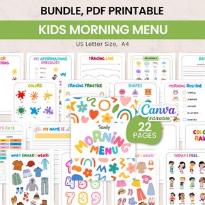 Könnte beinhalten: Ein Bündel von 22 druckbaren PDF-Seiten mit dem Titel Kids Morning Menu, das bunte Lernaktivitäten wie Farbabstimmung, Nachspuren, Morgenroutinen und tägliche Checklisten enthält. Die Seiten umfassen Text, Illustrationen und ein bearbeitbares Canva-Etikett.
