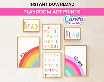 Juego de arte mural para sala de juegos, decoración de pared para guardería, láminas para habitación infantil, letrero "Juguemos", letrero "Leamos", juego de pósteres "Juguemos", Canva editable, educativo