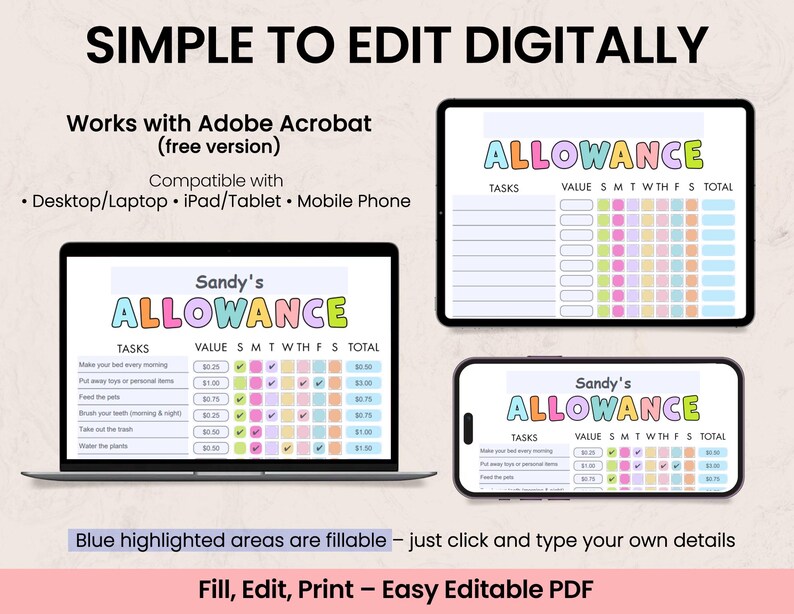 Top Lettering Allowance Kids Chore Chart: Editable Allowance Tracker (digital Download PDF) - Etsy