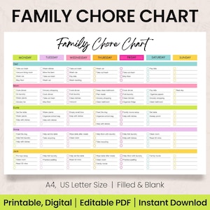 May include: A colorful family chore chart with the title "Family Chore Chart" at the top. The chart is divided into days of the week and includes spaces for tasks assigned to family members. The chart is labeled "A4, US Letter Size | Filled & Blank".