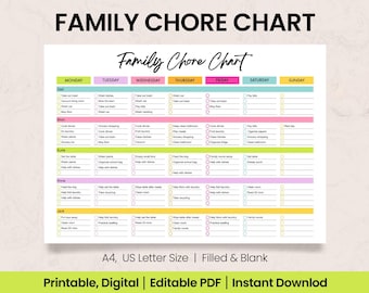 Family Chore Chart: Editable Weekly Cleaning Schedule (Digital Download)