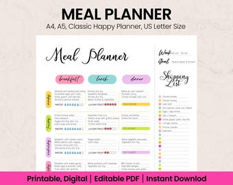 Planificador semanal de comidas imprimible / Diario de alimentos, Lista de la compra (Descarga digital)