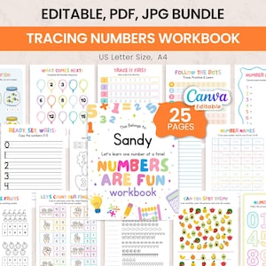 May include: An editable 25-page tracing numbers workbook bundle in PDF and JPG formats. The cover features the text 'Numbers Are Fun' and 'This Belongs to: Sandy'. The pages include various educational activities like counting, tracing, and matching.