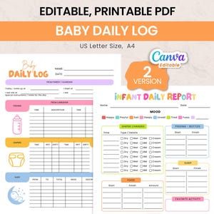 Puede incluir: Un registro diario imprimible para bebés en tamaños US Letter y A4. El diseño incluye secciones para el seguimiento de la alimentación, los cambios de pañales, el sueño y el estado de ánimo. El texto "Baby Daily Log" e "Infant Daily Report" son visibles.