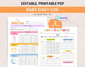 Editable Baby Daily Log | Printable Nanny Log Tracker Newborn Diary Chart Feedings Daycare Report, Caregiver Log, Infant Care Log, Canva|PDF