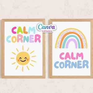 Może przedstawiać: Dwa oprawione wydruki z jasnym drewnianym wykończeniem. Jeden przedstawia uśmiechnięte słońce i słowa "CALM CORNER" w kolorowych literach. Drugi wydruk ma tęczę i słowa "CALM CORNER". Widoczne jest logo Canva.