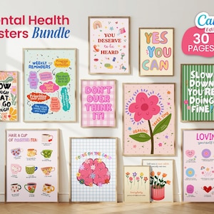 May include: A collection of mental health posters featuring various colorful designs, motivational text, and illustrations including flowers, teacups, and a brain. The bundle includes 30 pages of editable artwork with diverse typography and pastel color palettes.