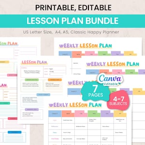 Puede incluir: Un paquete de planes de lecciones imprimibles y editables. El paquete incluye planes de lecciones semanales e individuales en tamaños US Letter, A4, A5 y Classic Happy Planner. Las plantillas son de colores pastel e incluyen espacio para materias y temas.