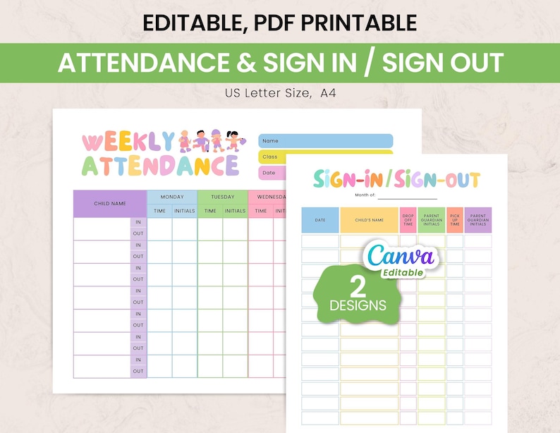 Sign in Sign Out Sheet, Weekly Attendance Sheet for Preschool ...