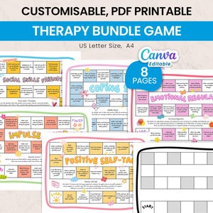 May include: A collection of printable therapy games, including topics like social skills, coping, impulse control, and emotional regulation. The games are designed for US Letter and A4 paper sizes. The text "CUSTOMISABLE, PDF PRINTABLE THERAPY BUNDLE GAME" is displayed at the top.