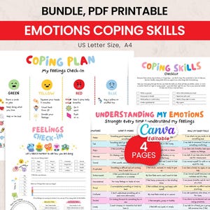 May include: A bundle of printable PDF worksheets with the title "Emotions Coping Skills". The worksheets include a "Coping Plan" and a "Coping Skills Checklist", with sections for feelings check-in and understanding emotions. The pages are US Letter Size.