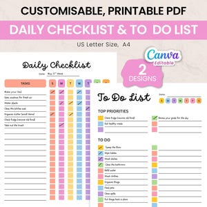 May include: A printable PDF with a daily checklist and to-do list. The design includes colorful checkboxes for tracking tasks, with the text "Daily Checklist" and "To Do List" at the top. The document is US Letter size and A4.