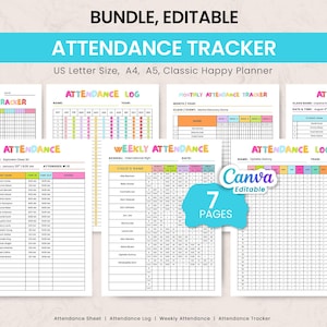 May include: A bundle of seven editable attendance tracker templates. The templates include attendance sheets, logs, and weekly and monthly trackers. The designs feature colorful headers and are available in US Letter, A4, A5, and Classic Happy Planner sizes.