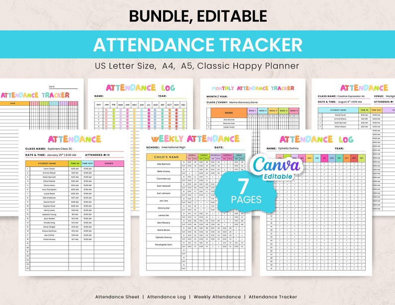 Editable Attendance Tracker Bundle, Canva, Attendance Record, Printable ...