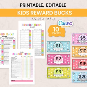 Puede incluir: Kids Reward Bucks imprimibles y editables. La imagen muestra tablas de recompensas y dinero de juego colorido en denominaciones de 1 €, 2 €, 3 €, 5 €, 10 €, 15 € y 20 €. Las tablas incluyen secciones para ganar y gastar recompensas.