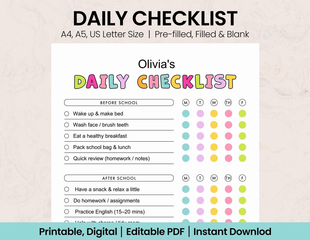 Editable Daily School Checklist: Kids Before and After School Routine ...