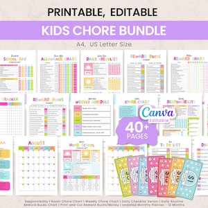 May include: A colorful printable Kids Chore Bundle with various charts and checklists. Includes a habit tracker, reward charts, weekly schedules, and a monthly planner. The bundle is A4 and US Letter size and has over 40 pages.