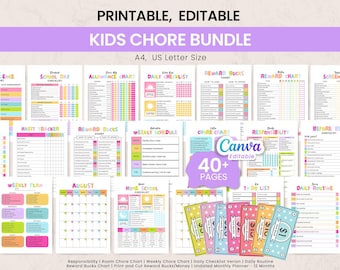 May include: A colorful printable Kids Chore Bundle with various charts and checklists. Includes a habit tracker, reward charts, weekly schedules, and a monthly planner. The bundle is A4 and US Letter size and has over 40 pages.