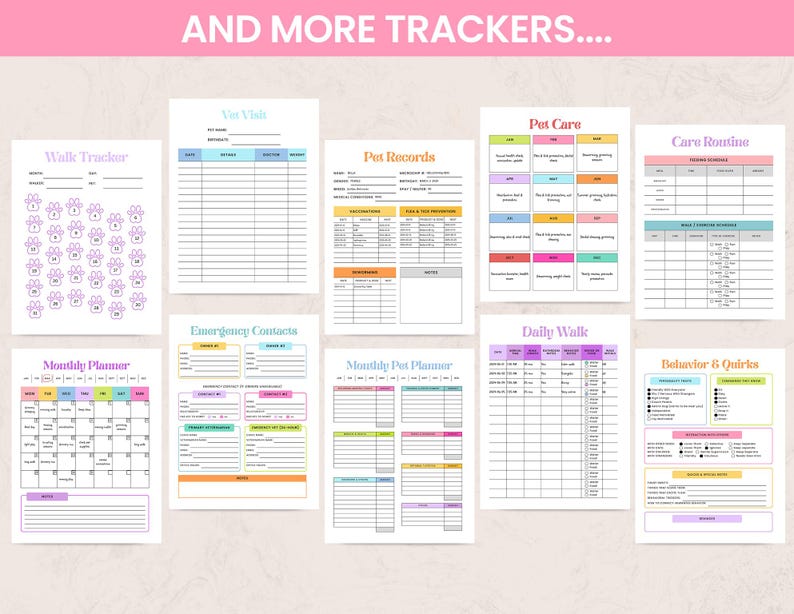 May include: A collection of printable pet care trackers and planners, including a walk tracker, vet visit log, pet records, and a monthly planner. The pages feature colorful accents and are designed for organizing pet care routines.