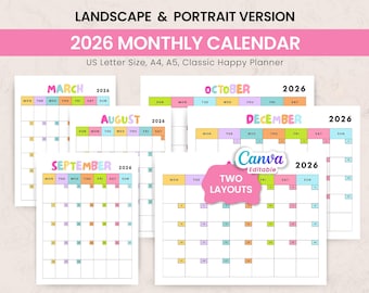 2026 Monatskalender zum Ausdrucken | Canva Bearbeitbarer Monatsplaner | Quer- & Hochformat | Sonntag und Montag Start | Wandkalender PDF