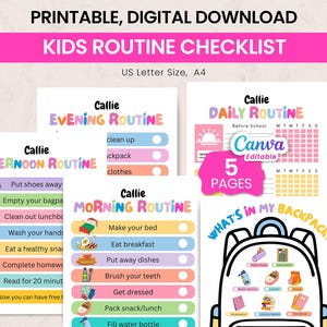May include: A printable digital download kids routine checklist set featuring five pages with colorful text and icons. The pages include Morning, Afternoon, Evening, and Daily routines, plus a What's in My Backpack list, all labeled for US Letter and A4 size.