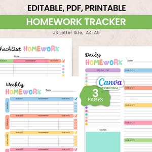 May include: A printable homework tracker with a colorful design. The design includes checklists for daily and weekly assignments, with sections for subject, assignment, and due date. The text "Editable, PDF, Printable" is at the top.