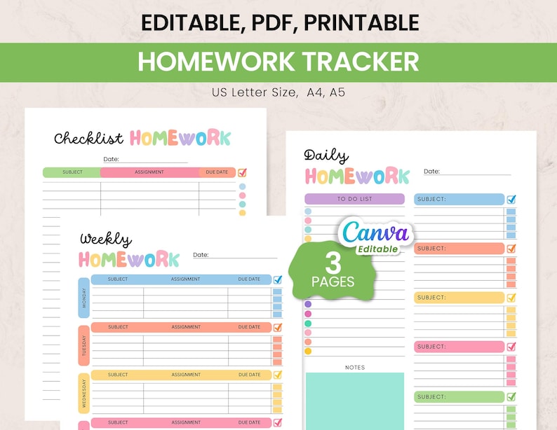 Homework Planner Printable, Student Assignment Tracker, Homework Log ...