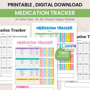 May include: A digital download featuring printable medication trackers in various layouts. The designs include spaces for morning, afternoon, evening, and other medications, with sections for dose and time. The text includes "Medication Tracker" and "Canva Editable."