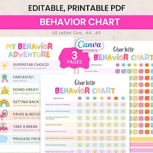 May include: Three printable PDF behavior charts with colorful text and icons. The pages feature the titles My Behavior Adventure and Charlotte Behavior Chart, including columns for days of the week, behavior lists, star trackers, and point totals.
