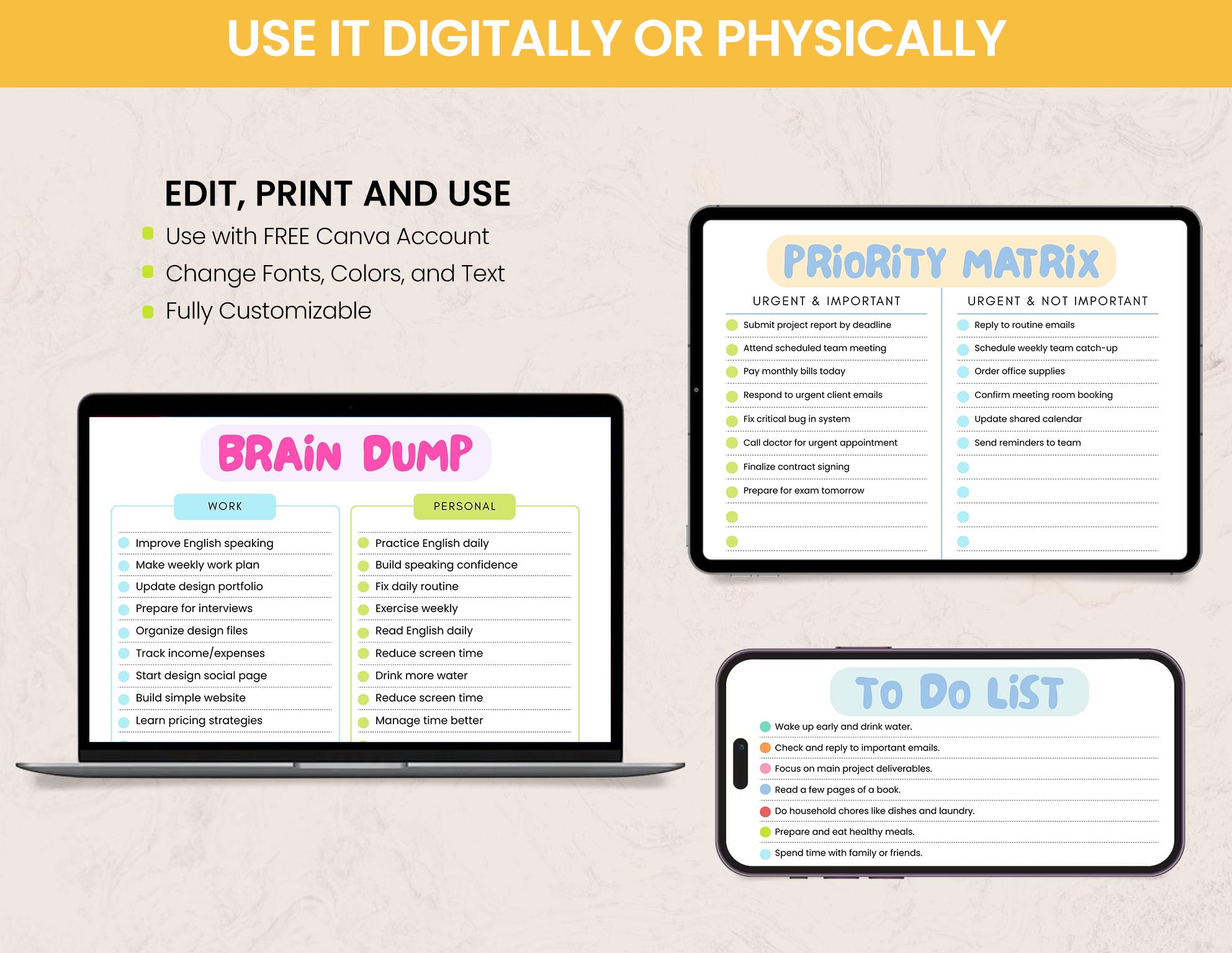 EDITABLE Brain Dump Template BUNDLE, to Do List Printable, ADHD Daily ...