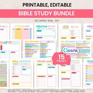 May include: A collection of 15 printable and editable Bible study pages. The pages include templates for prayer, verse mapping, sermon notes, and Bible reading tracking. The bundle is US Letter size and A4, with a colorful design.