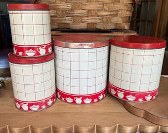 Vintage Red and Off-White Nesting Metal Canisters
