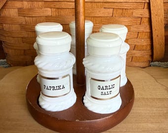 Vintage Milk Glass Spice Jars (5) with Wooden Stand