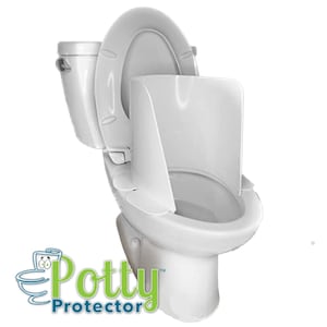 May include: A white toilet with the lid and seat up, featuring a white potty shield. The image includes the text "Potty Protector" in green and blue, with a cartoon toilet graphic. The toilet is set against a white background.