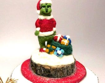Needle Felted Christmas Grinch - Handmade Wool Holiday Table Decor